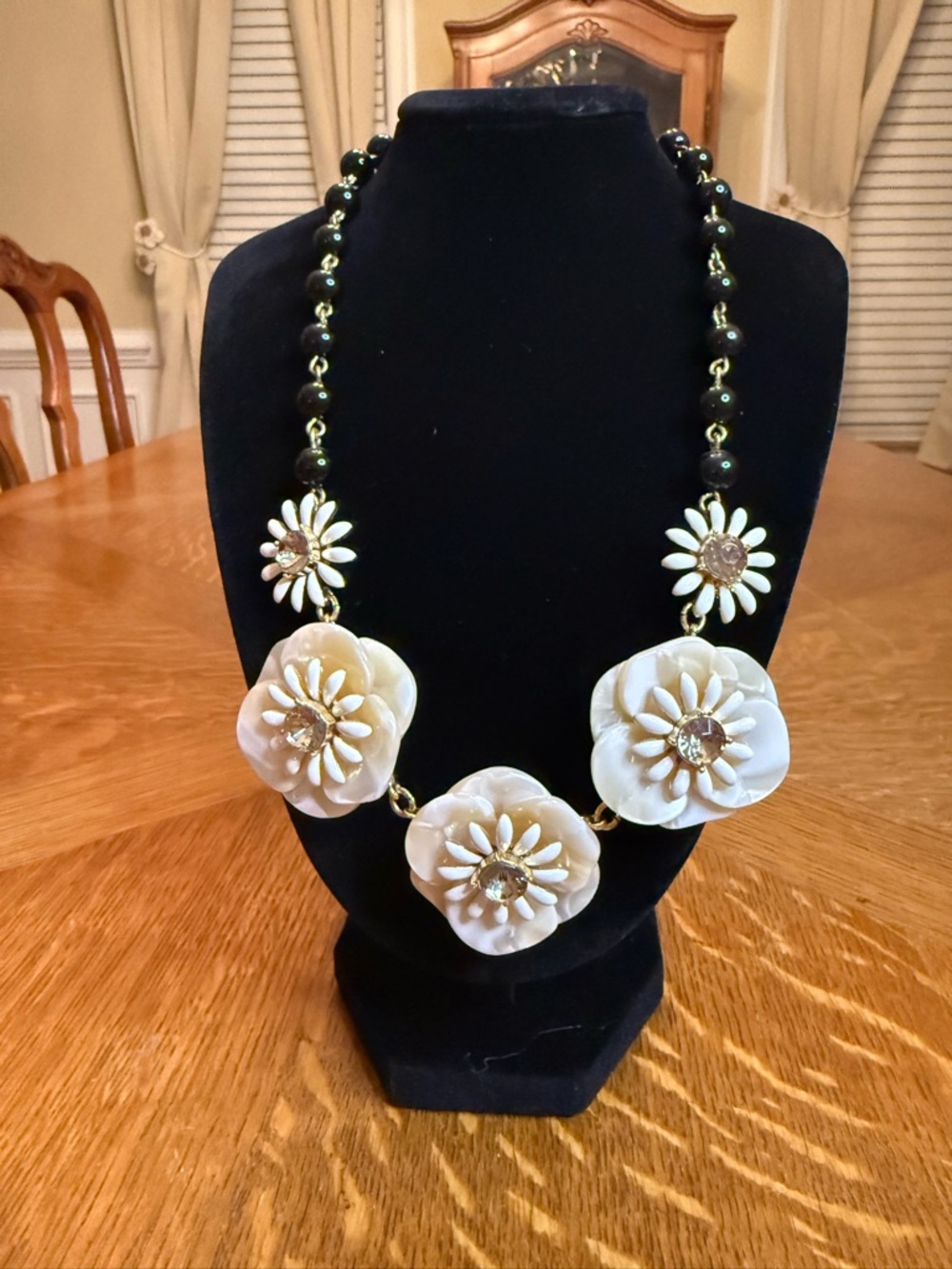 Talbots Cream Floral Statement Necklace with Black Beads